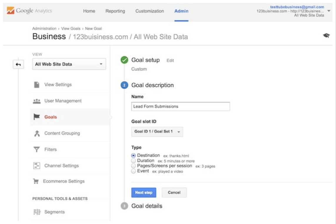 goal description google analytics