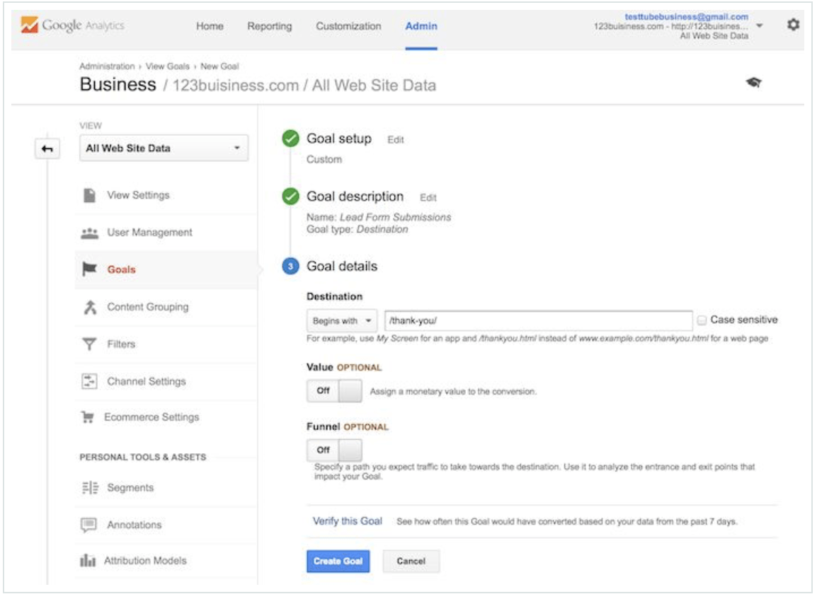 google analytics goal setting